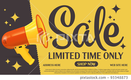 Sale banner. Limited time offer announcement. Sale label or banner with megaphone loudspeaker design vector illustration. Coupon or voucher template with web site address 93348873
