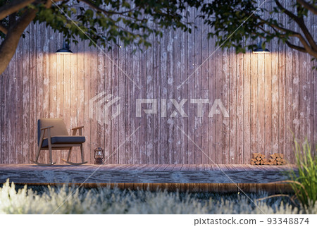 Cabin house with empty old wooden wall terrace in the evening 3d render 93348874