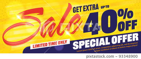 Sale banner template. Up to 40 percent off price clearance. Special offer limited time only. Get extra sale invitation. Sale advertising flyer, poster, coupon layout vector illustration Sale banner template. Up to 40 percent off price clearance. Special offer limited time only. Get extra sale invitation. Sale advertising flyer, poster, coupon layout vector illustration 93348900