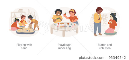 Fine motor skills in childcare isolated cartoon vector illustration set. Playing with sand, playdough modelling, button and unbutton, kinetic playground, hand and finger development vector cartoon. Fine motor skills in childcare isolated cartoon vector illustration set. Playing with sand, playdough modelling, button and unbutton, kinetic playground, hand and finger development vector cartoon. 93349342