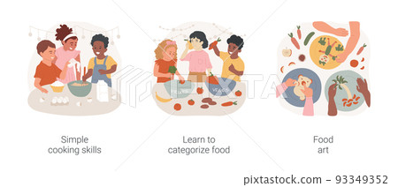 Cooking skills in early education isolated cartoon vector illustration set. Simple cooking skills, learn to categorize food, food art, nutrition in kindergarten, daycare center vector cartoon. 93349352