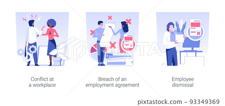 Career problems isolated concept vector illustration set. Conflict at a workplace, breach of an employment agreement, employee dismissal, HR management, get fired, staff reduction vector cartoon. 93349369