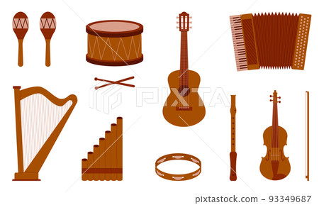 Set of musical instruments. Acoustic, wind and percussion instruments and harmonica. Flat style. Vector. 93349687
