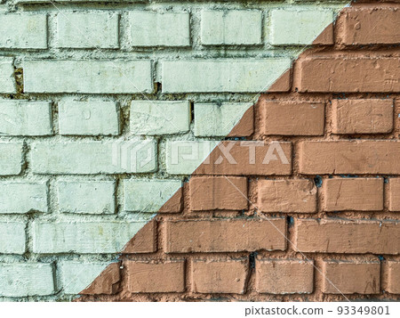 texture, background. the bricks are laid in one row and covered with a layer of red and white paint. volumetric 3d texture. concrete mix bricks 93349801