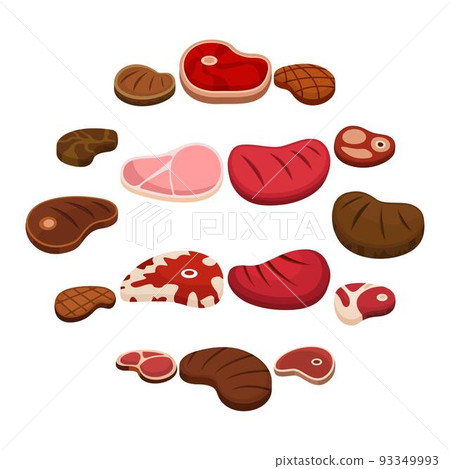 Steak dinner grilled beef icons set, flat style Steak dinner grilled beef icons set, flat style 93349993