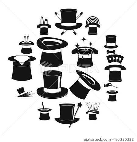 Magician hat sorcery icons set, simple style Magician hat sorcery icons set, simple style 93350338
