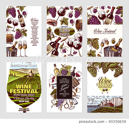 Wine posters or vineyard banners. Sparkling champagne background, Cheers toast and Grape. Tuscany 93350639