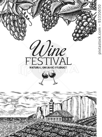 Wine poster or vineyard banner. Sparkling champagne background, Cheers toast and Grape. Tuscany 93350650