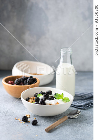 Healthy breakfast oatmeal granola bowl with yogurt and berries 93350800