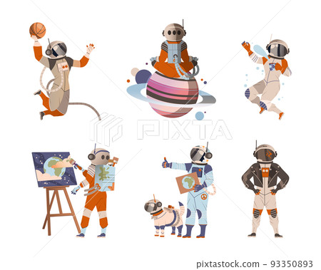 People in spacesuits doing everyday activities while living in space set. Astronauts playing basketball, painting, walking with dog, meditating cartoon vector illustration 93350893