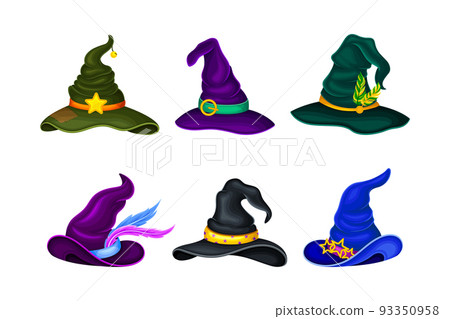 Halloween witch hats with belt set. Magician and wizard headwear cartoon vector illustration 93350958