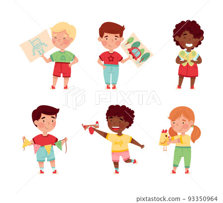 Happy boys and girls creating and playing with handmade craft toys set cartoon vector illustration 93350964