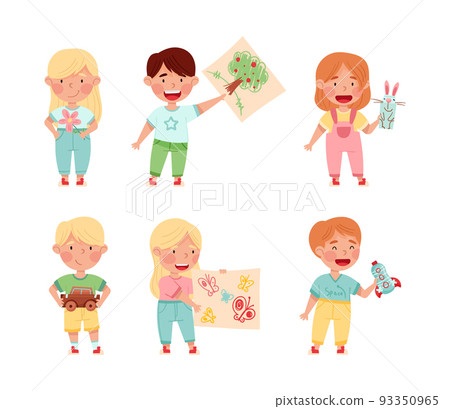 Happy kids creating and playing with handmade toys set cartoon vector illustration Happy kids creating and playing with handmade toys set cartoon vector illustration 93350965