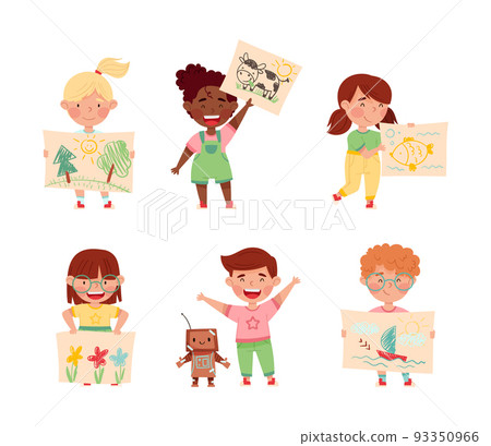 Boys and girls holding drawings and paintings. Happy kids creating and playing with handmade toys set cartoon vector illustration Boys and girls holding drawings and paintings. Happy kids creating and playing with handmade toys set cartoon vector illustration 93350966