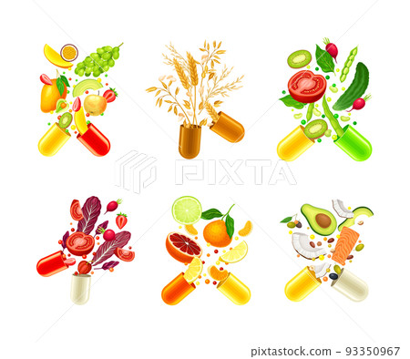 Open capsules with fruit, vegetables, cereals and herbal plants set. Vitamins and supplements cartoon vector illustration Open capsules with fruit, vegetables, cereals and herbal plants set. Vitamins and supplements cartoon vector illustration 93350967