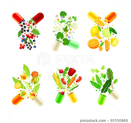 Open capsules with fruit, vegetables, berries and herbal plants set. Vitamins and supplements cartoon vector illustration Open capsules with fruit, vegetables, berries and herbal plants set. Vitamins and supplements cartoon vector illustration 93350968