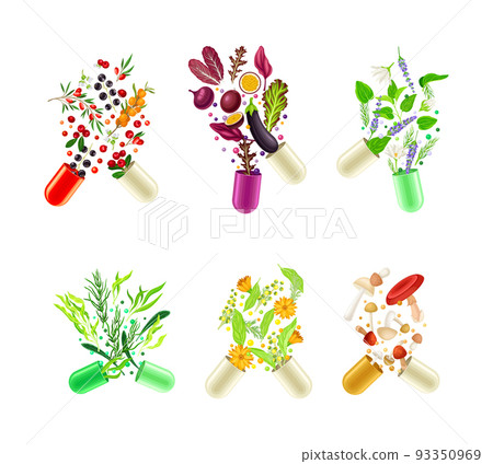 Open capsules with vegetables, berries, mushrooms and herbal plants set. Vitamins and supplements cartoon vector illustration Open capsules with vegetables, berries, mushrooms and herbal plants set. Vitamins and supplements cartoon vector illustration 93350969
