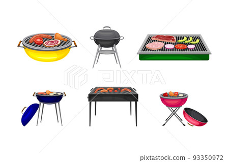 Set of different types of charcoal kettle grills with assorted delicious grilled meat and vegetables vector illustration Set of different types of charcoal kettle grills with assorted delicious grilled meat and vegetables vector illustration 93350972