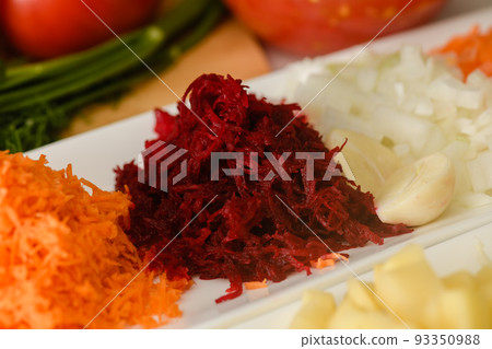 Close-up of chopped beets for making traditional Ukrainian borscht. 93350988
