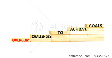 Overcome challenges to achieve goals symbol. Concept words Overcome challenges to achieve goals on wooden blocks on a beautiful white table white background. Business goals concept. Copy space. Overcome challenges to achieve goals symbol. Concept words Overcome challenges to achieve goals on wooden blocks on a beautiful white table white background. Business goals concept. Copy space. 93351873