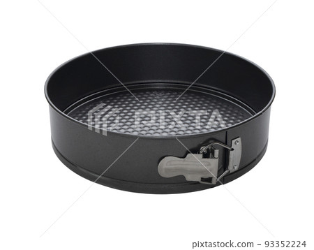 Springform pan for cakes or soft desserts, isolated. Round baking tin with formed base 93352224