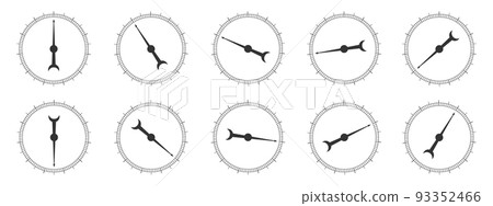 Set of round measuring scales with rotating arrows. Collection of 360 degree of barometer, compass, protractor, circular ruler tool graphic template 93352466