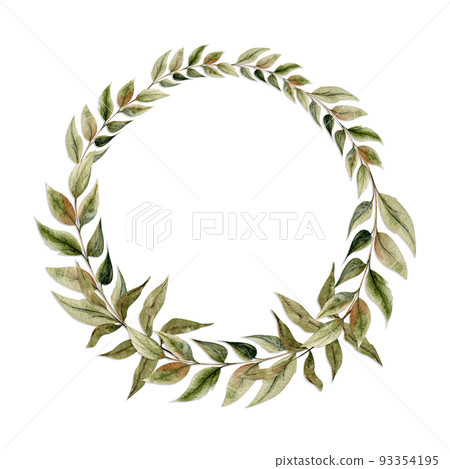 Watercolor circle frame arrangement with hand drawn autumn flowers, branches and leaves. Isolated on white background. Design for invitations, wedding or greeting cards, wallpaper, print, textile 93354195