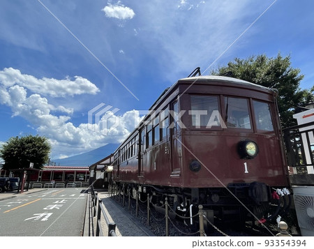 A glimpse of cloudy Mt.Fuji and Mo No. 1 on display at Kawaguchiko Station 93354394