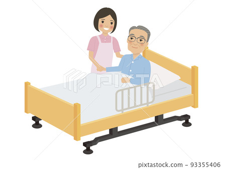 Caregiver raises grandpa's body in nursing bed - Stock Illustration ...