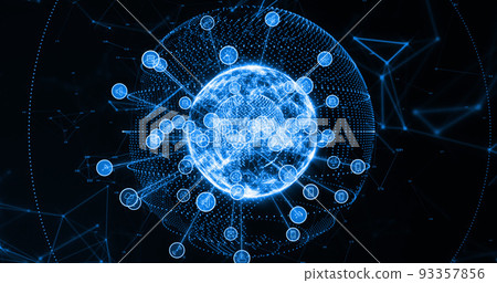 Image of network of digital icons and connections over spinning globe 93357856