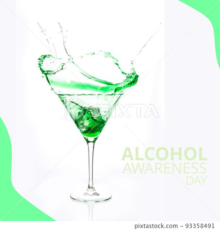 Composition of alcohol awareness day text with drink on white background 93358491