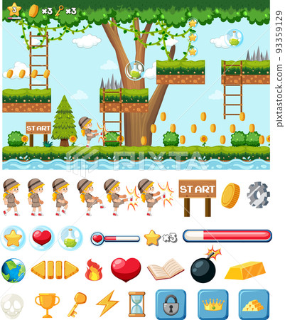 Platform game interface design with icons isolated 93359129