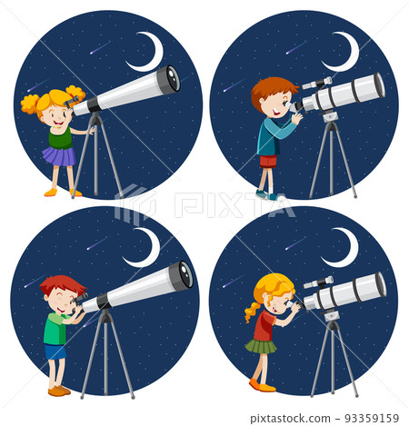 Set of different kids looking through telescope at night Set of different kids looking through telescope at night 93359159