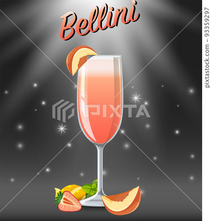 Bellini cocktail in the glass on sparkling background Bellini cocktail in the glass on sparkling background 93359297