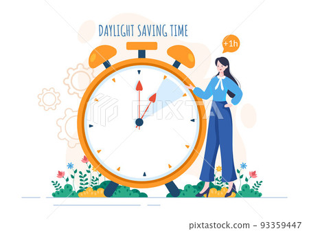 Daylight Savings Time Hand Drawn Flat Cartoon Illustration with Alarm Clock or Calendar from Summer to Spring Forward Design 93359447