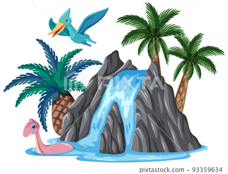 Waterfall with dinosaur in cartoon style 93359634