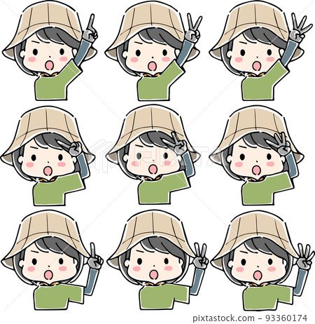 Upper body of a woman in agricultural work clothes showing a number with her fingers 93360174