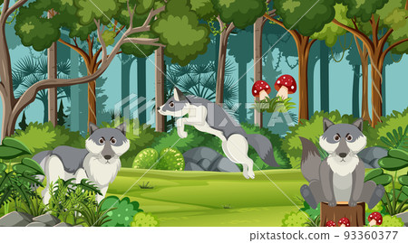 Wolfs group in the forest scene Wolfs group in the forest scene 93360377