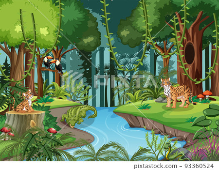 Wild animals cartoon characters in the forest scene 93360524