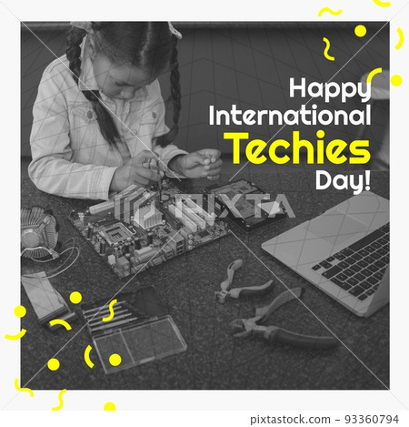 Digital image of caucasian girl learning to repair computer part, international techies day text Digital image of caucasian girl learning to repair computer part, international techies day text 93360794