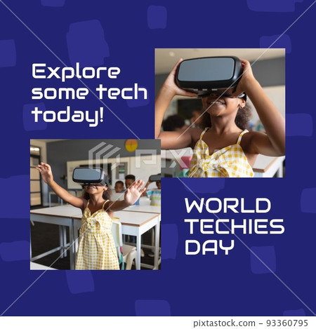 Digital composite image of biracial girl enjoying virtual reality with world techies day text Digital composite image of biracial girl enjoying virtual reality with world techies day text 93360795