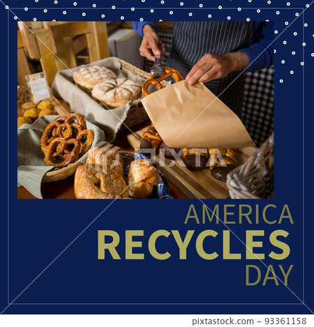 Composition of america recycles day text over caucasian baker with breadstuff 93361158