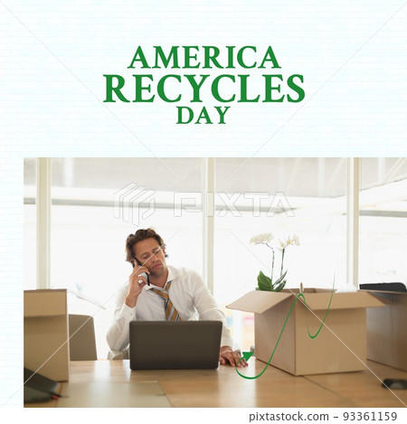 Composition of america recycles day text over caucasian businessman with boxes at home Composition of america recycles day text over caucasian businessman with boxes at home 93361159