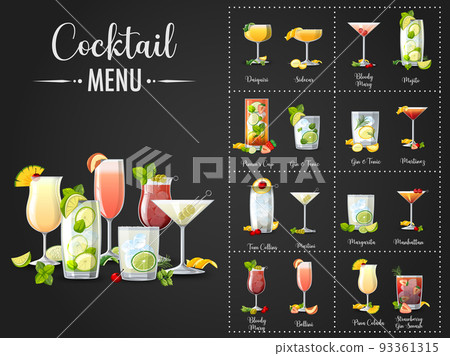 A printed menu of cocktails 93361315