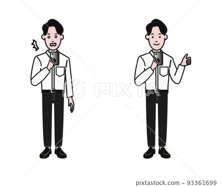 身穿白襯衫的辦公室休閒 一段白色背景上畫線的視頻，一個年輕人拿著智能手機，帶著不安的表情笑著 93361699