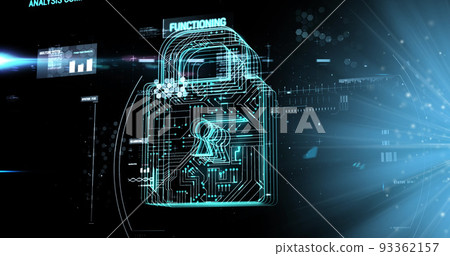 Image of data processing with padlock icon over light spots on black background Image of data processing with padlock icon over light spots on black background 93362157