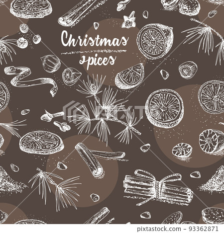 Seamless pattern with hand drawn Christmas winter spices Traditionally used in made desserts, hot mulled wine, homemade cookies. Chalk board style art Seamless pattern with hand drawn Christmas winter spices Traditionally used in made desserts, hot mulled wine, homemade cookies. Chalk board style art 93362871