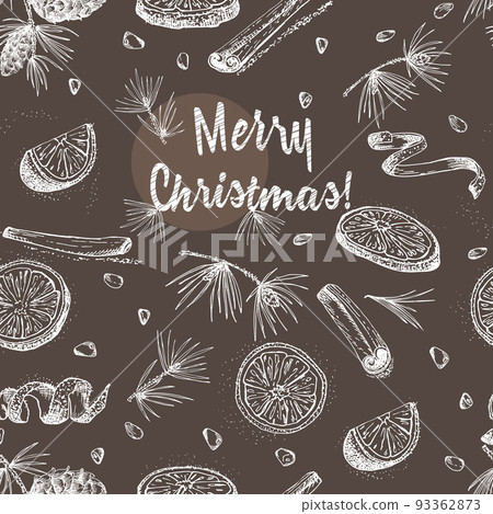 Seamless pattern with hand drawn Christmas winter spices Traditionally used in made desserts, hot mulled wine, homemade cookies. Chalk board style art Seamless pattern with hand drawn Christmas winter spices Traditionally used in made desserts, hot mulled wine, homemade cookies. Chalk board style art 93362873