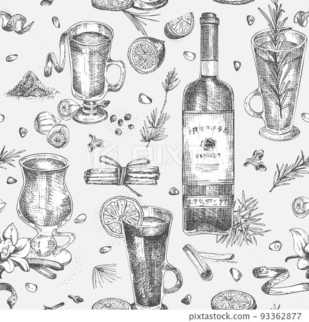 Seamless pattern with hand drawn Christmas winter spices, glasses of traditionally hot winter drinks and wine bottle. Good idea for templates menu, recipes, greeting cards Seamless pattern with hand drawn Christmas winter spices, glasses of traditionally hot winter drinks and wine bottle. Good idea for templates menu, recipes, greeting cards 93362877