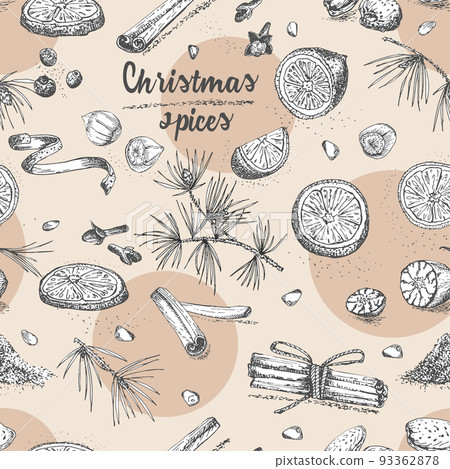 Seamless pattern with hand drawn Christmas winter spices pattern. Traditionally used in made desserts, hot mulled wine, homemade cookies. Seamless pattern with hand drawn Christmas winter spices pattern. Traditionally used in made desserts, hot mulled wine, homemade cookies. 93362878